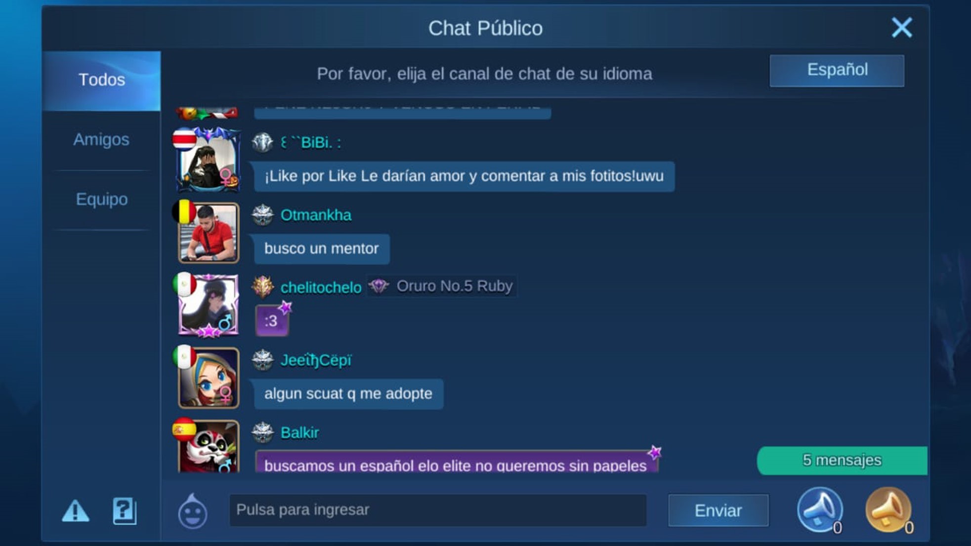 Petición de likes en chat público de Mobile Legends